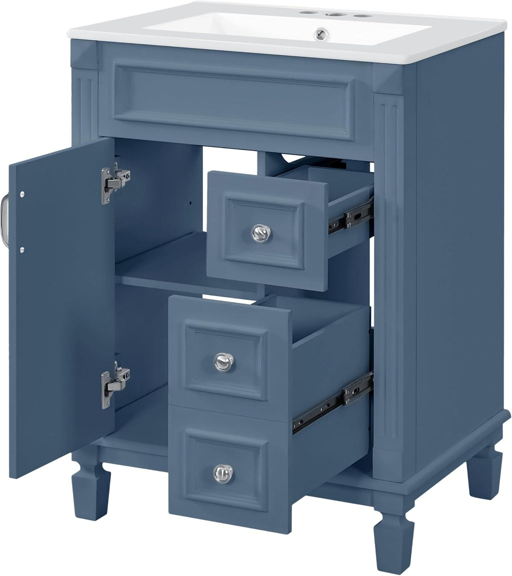 24 Inch Blue-Grey Bathroom Vanity with Sink,Modern Bathroom Vanity with 2 Drawers & Adjustable Shelf,Soft Closing Doors & Black Handles,Solid Wood Frame,French Embossed Front