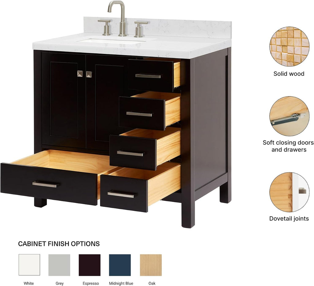 ARIEL Cambridge 36-inch Bathroom Vanity with Sink,Solid Wood, 1.5-inch Carrara White Quartz Countertop, Single Rectangular Porcelain Sink, 2 Soft Closing Doors, 5 Dovetail Drawers, Espresso