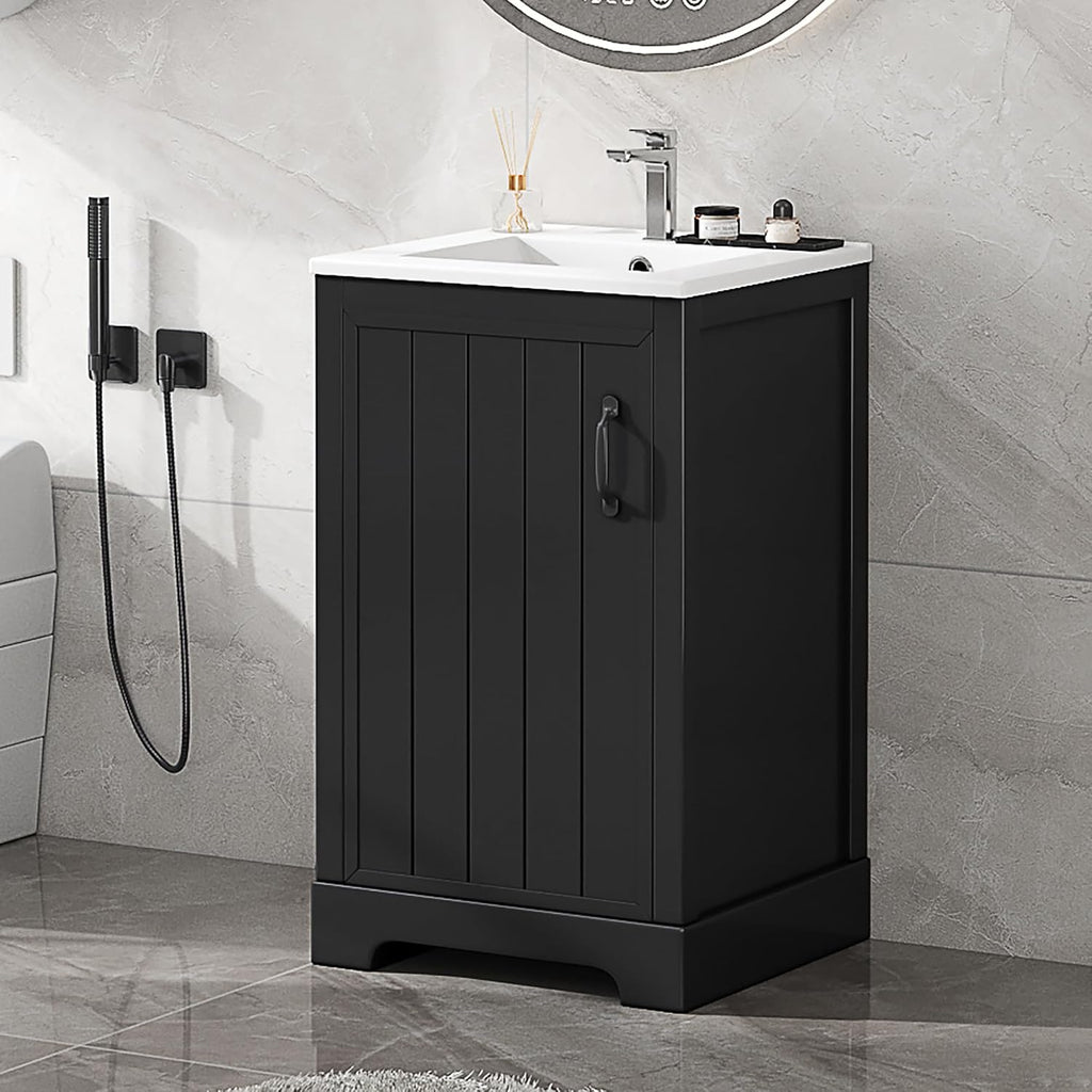 20' Bathroom Vanity with Sink, Harper & Bright Designs Free Standing Single Basin Vanity Set with Soft Closing Door and Storage Rack, Solid Wood Bathroom Cabinet with Ceramic Basin for Bathroom, Black