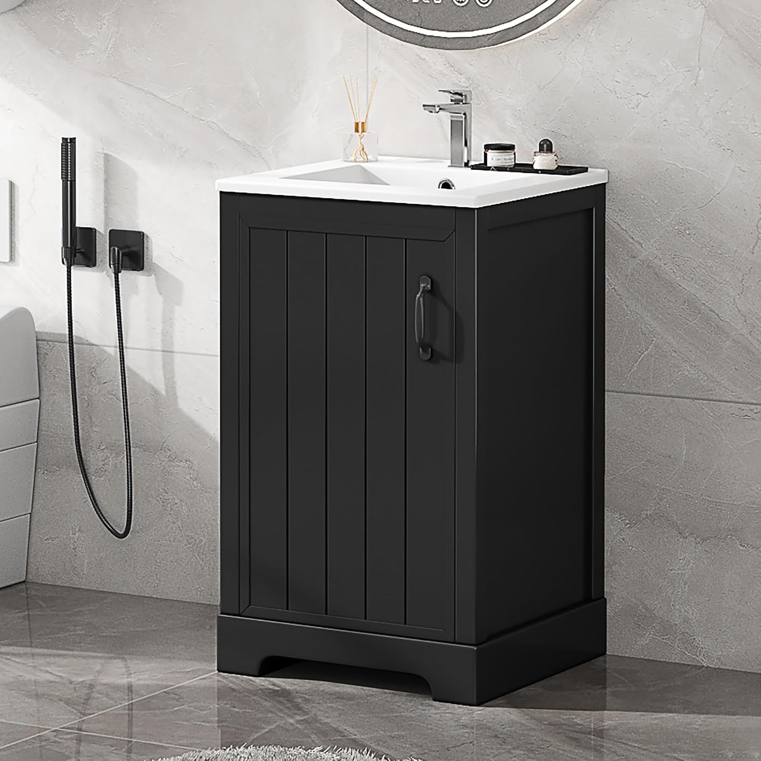 20' Bathroom Vanity with Sink, Harper & Bright Designs Free Standing Single Basin Vanity Set with Soft Closing Door and Storage Rack, Solid Wood Bathroom Cabinet with Ceramic Basin for Bathroom, Black