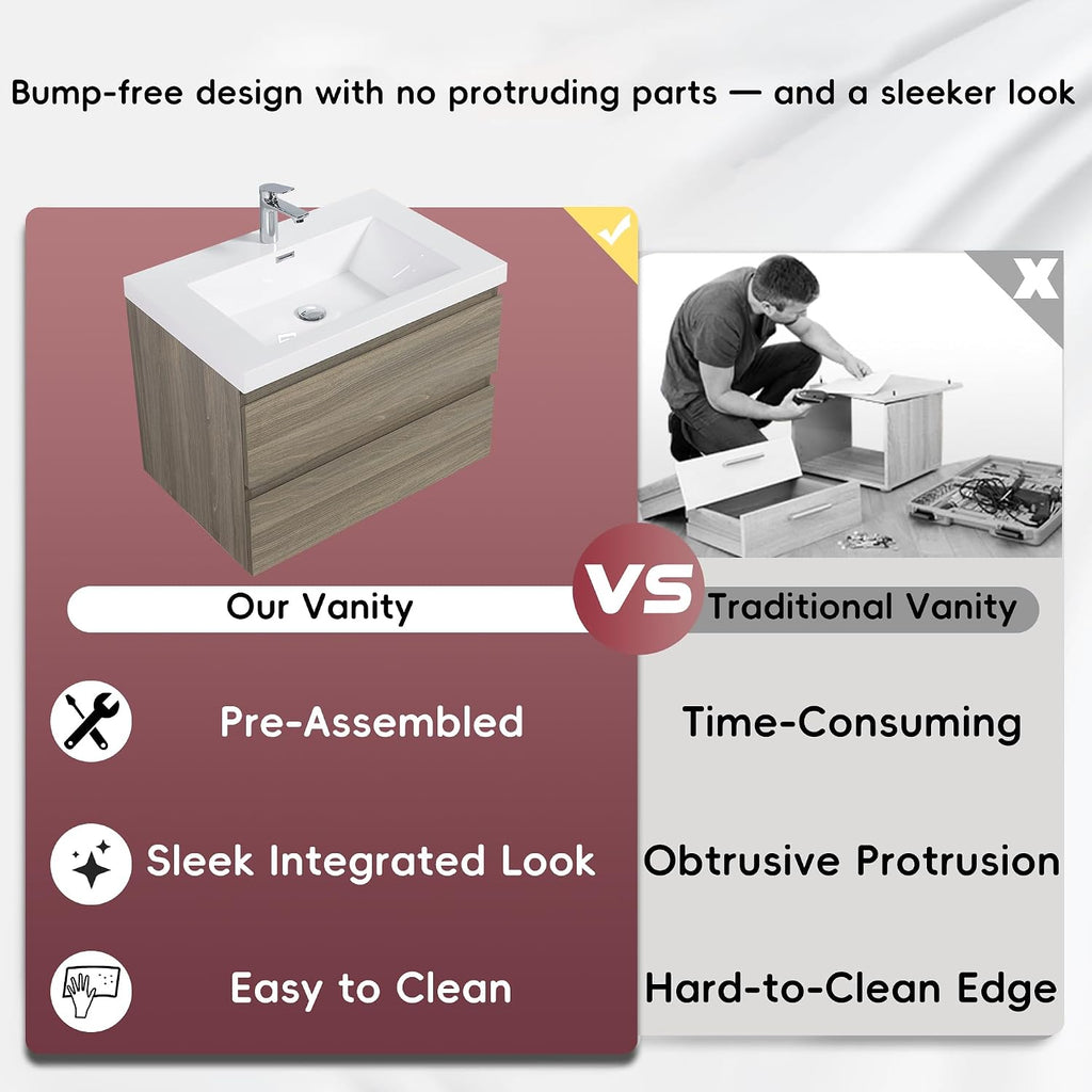 Neftis 30-Inch Floating Vanity with Sink, Pre-Assembled Modern Bathroom Vanity Sink Combo with Storage, Soft-Closing Drawers, One-piece Countertop White Resin Sink, Ash Grey Vanity for Bathroom