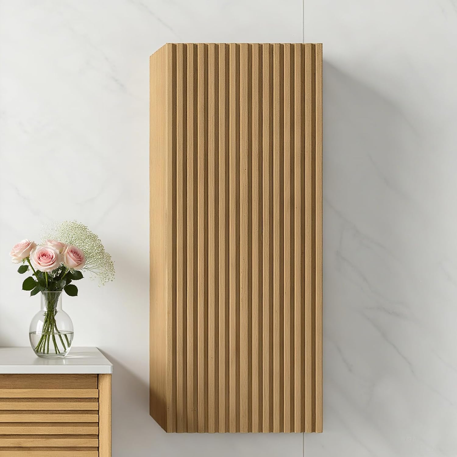 Eleshine Wall Mounted Bathroom Storage Cabinet with a Door and Adjustable Shelf, 12 inch Wood Fluted Textures Small Narrow Cabinet, Light Oak