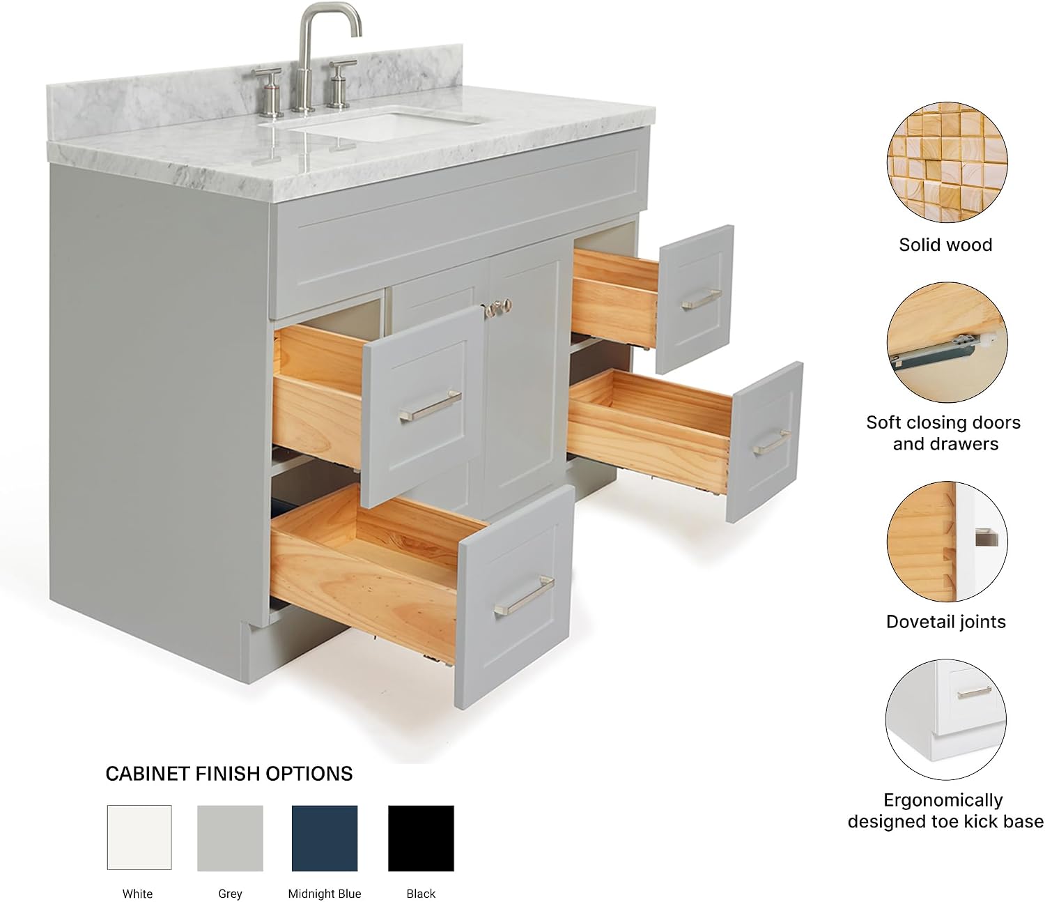 ARIEL Hamlet 48-inch Bathroom Vanity with Sink,Solid Wood, 1.5-inch Italian Carrara Marble Countertop & Backsplash, Single Rectangular Porcelain Sink, 2 Soft Closing Doors, 4 Dovetail Drawers, Grey