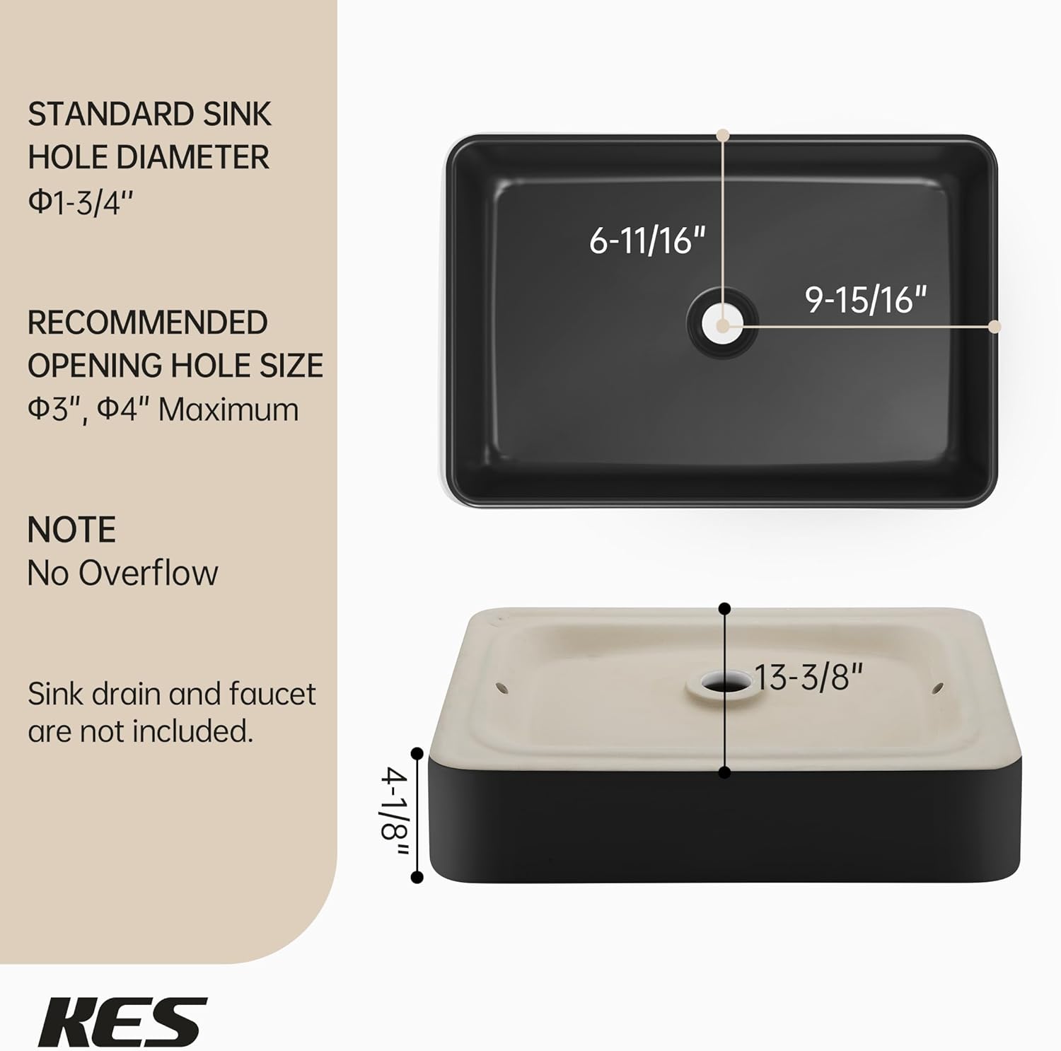 KES Matte Black 20 Inch Bathroom Vessel Sink Above Counter Rectangular Countertop Sink for Cabinet Lavatory Vanity, Ceramic, BVS123S50-BK