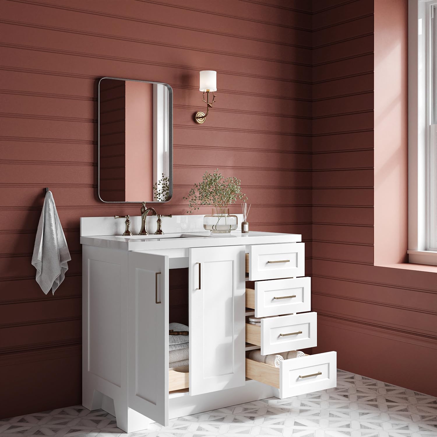 ARIEL Taylor 42-inch Bathroom Vanity with Sink,Solid Wood, 1.5-inch Pure White Quartz Countertop & Backsplash, Single Rectangular Porcelain Sink, 2 Soft Closing Doors, 5 Dovetail Drawers, White