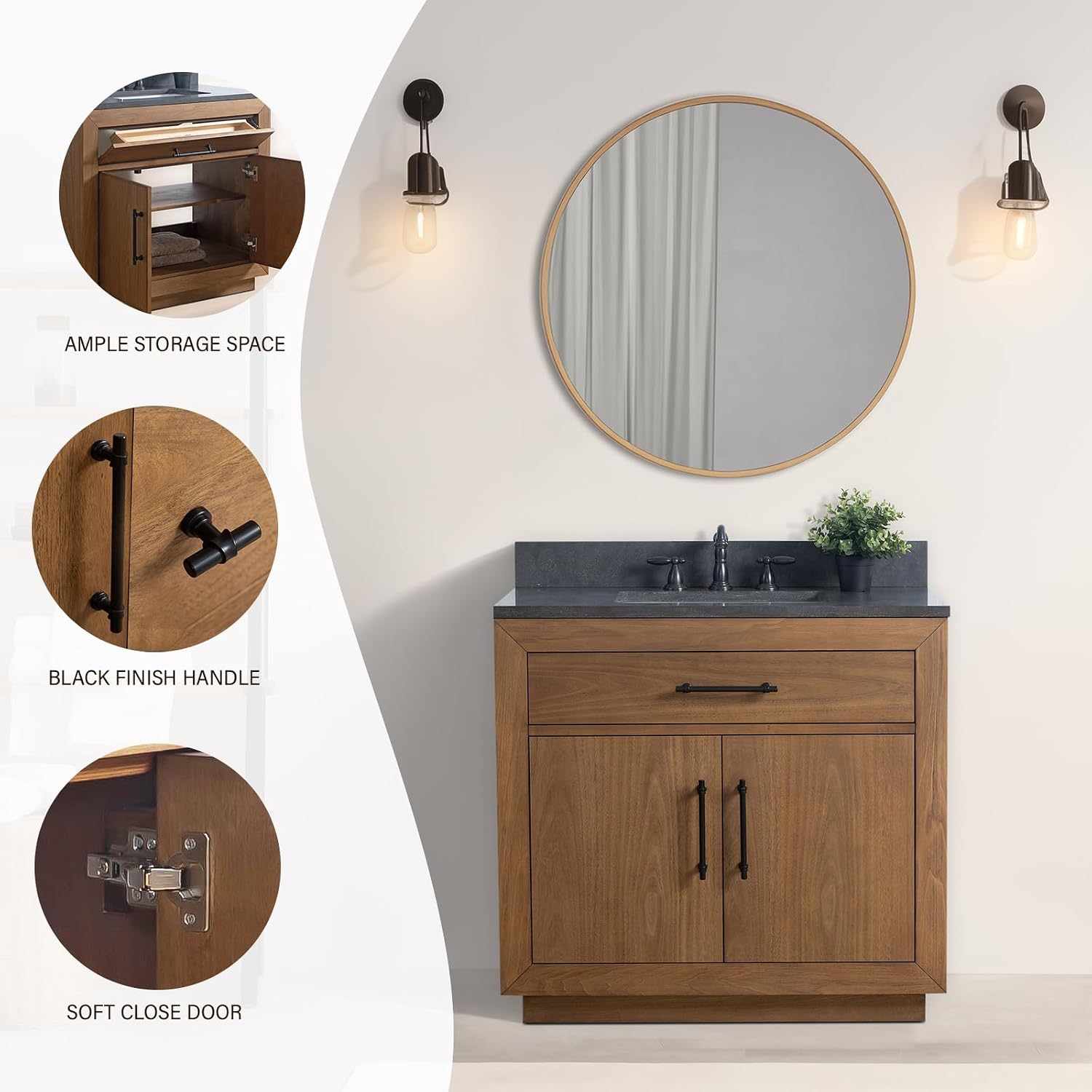 HOMEBEYOND 36' Bathroom Vanity with Single Sink & Ceramic Top, MDF Material Vanity Cabinet with Basin Combo, Soft-Closing Doors, Removable Shelf, Backsplash, Tan