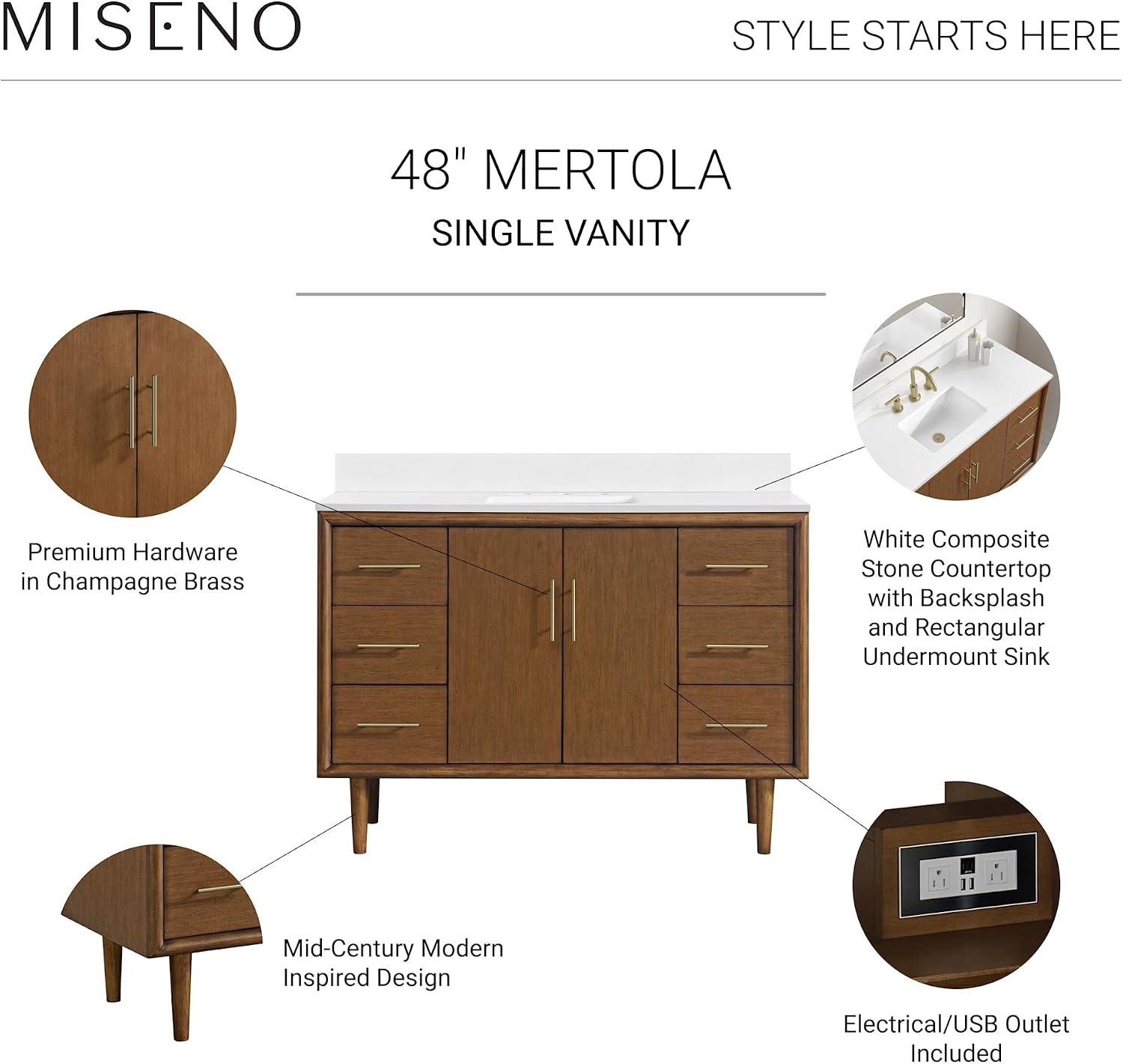 Miseno MV-N252-V48 Mertola 48' Free Standing Single Basin Vanity Set with Cabinet and Stone Composite Vanity Top - Dark Maplewood