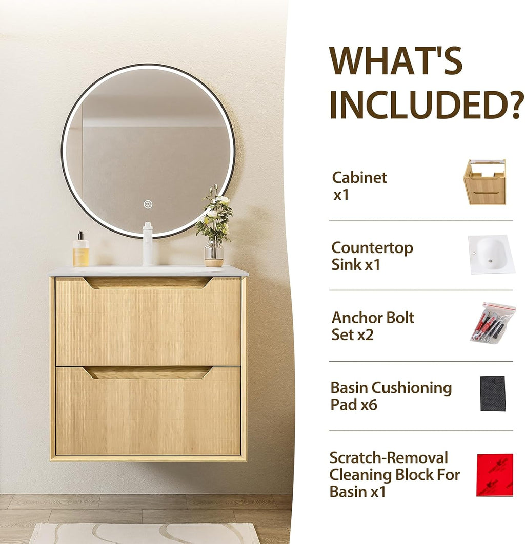 Eleshine 32' Wall Mounted Floating Bathroom Vanity with Sink, 2 Soft-Close Drawers, White Stone Top, Natural Oak Grid Texture, Multi-Layer Solid Wood, Pre-Assembled
