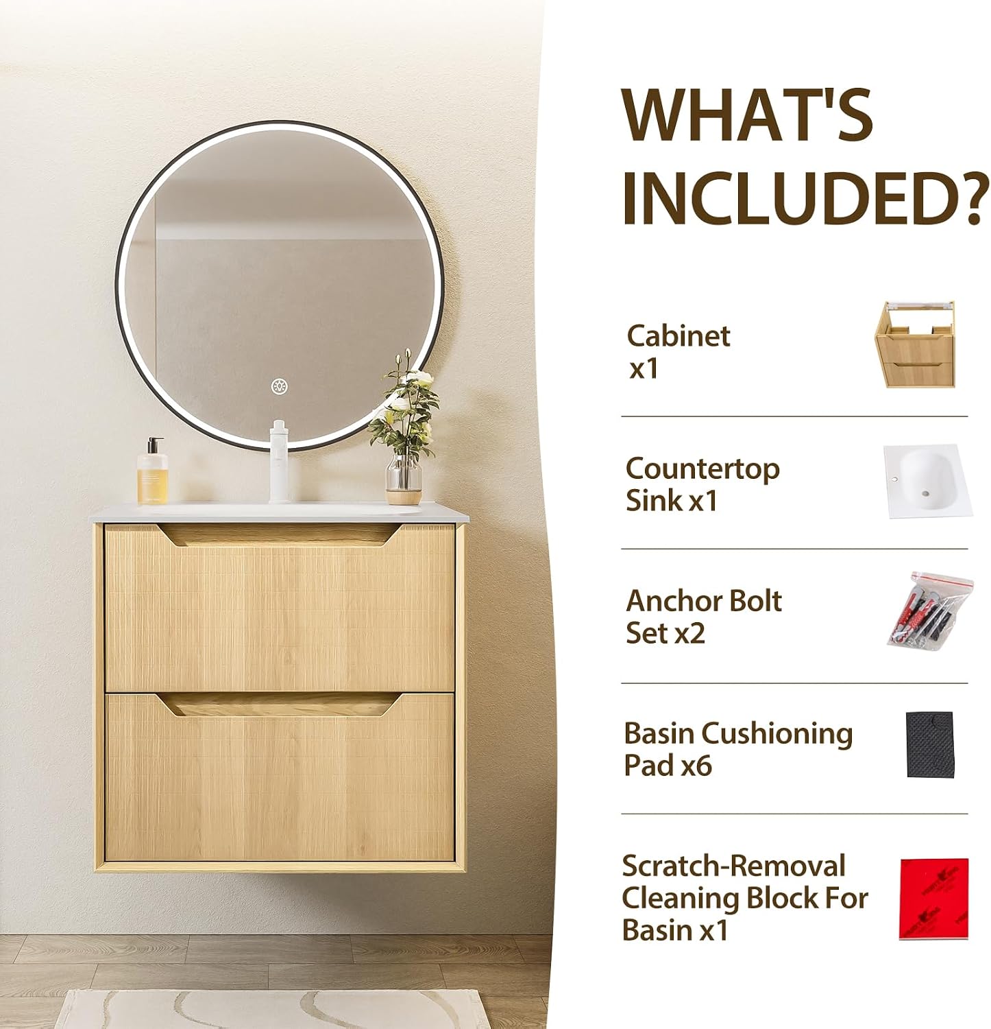 Eleshine 32' Wall Mounted Floating Bathroom Vanity with Sink, 2 Soft-Close Drawers, White Stone Top, Natural Oak Grid Texture, Multi-Layer Solid Wood, Pre-Assembled