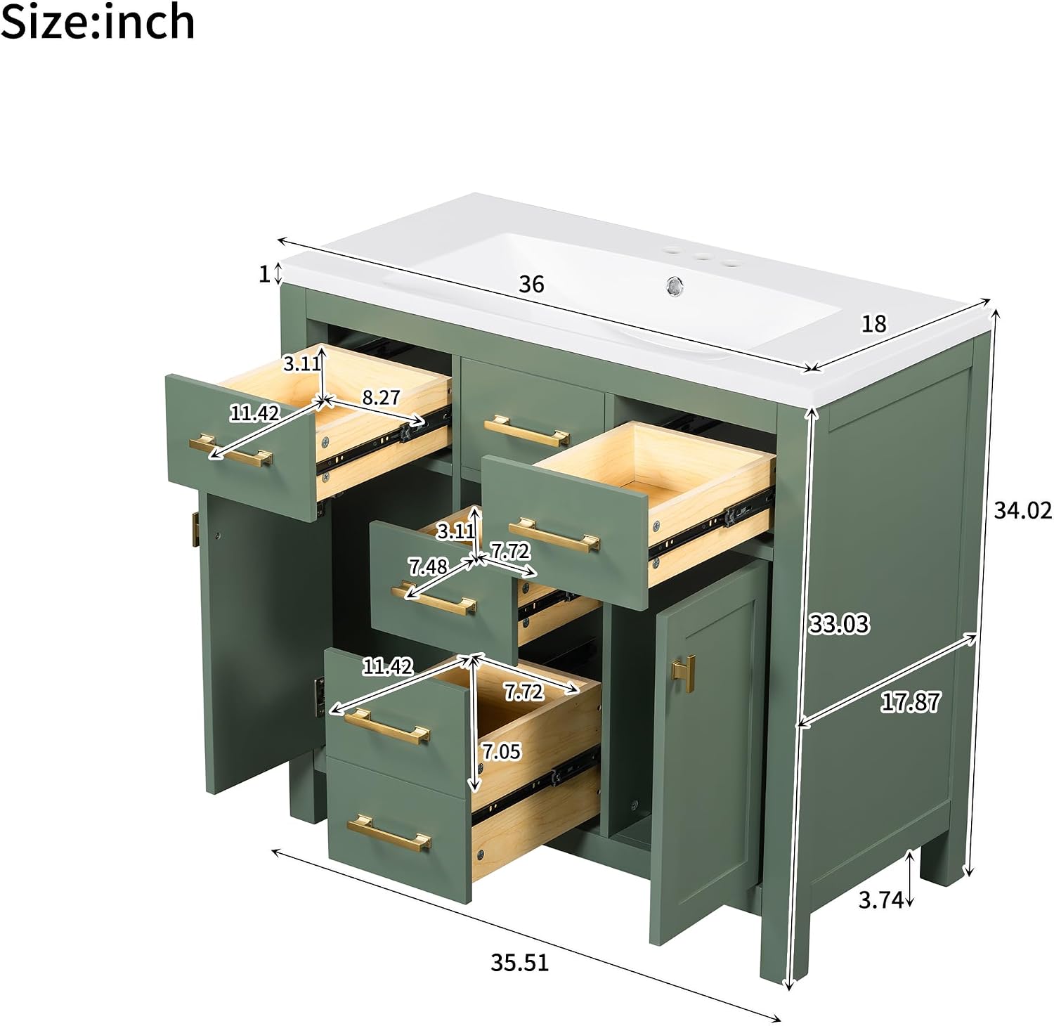 36 Inch Green Bathroon Vanity with Sink,Modern Bathroom Sink Cabinet 36' with 4 Drawers & 2 Cabinets,Integrated Countertop,Gold Handles,Soft Closing,Solid Wood Frame