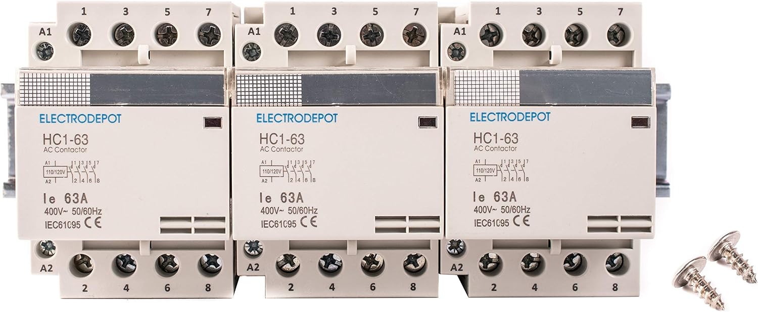 Electrodepot 40 Amp 12 Pole (4 Pole x 3) Normally Open, 110-120VAC Coil (Silent Operation), Motor Load 40A and Lighting Load 63A Contactor, with 8' DIN Rail and 2 Number 10 Screws