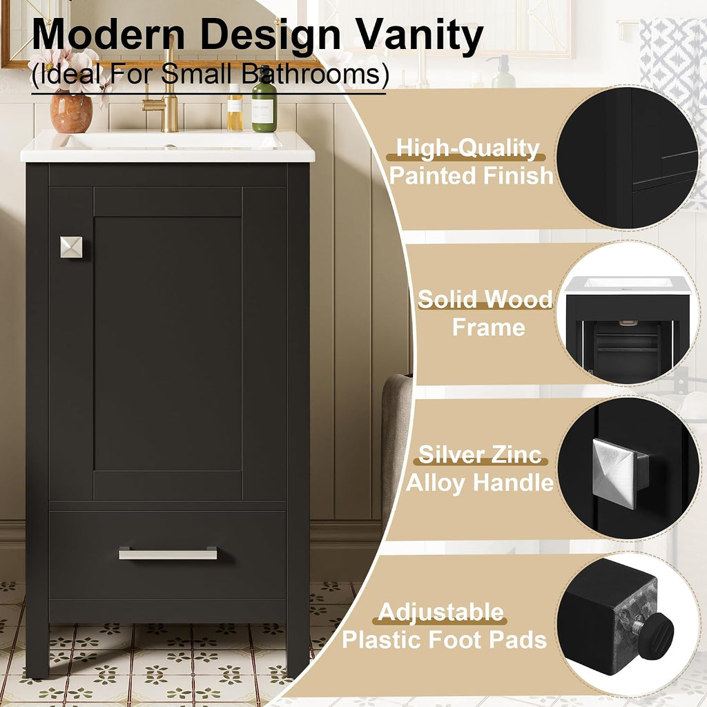 VilroCaz Modern 18'' Bathroom Vanity with Top Sink, Freestanding Bathroom Storage Cabinet with Door and Divider Drawer, Single Sink Cabinet with Adjustable Plastic Foot Pads (Black+1 Drawer)