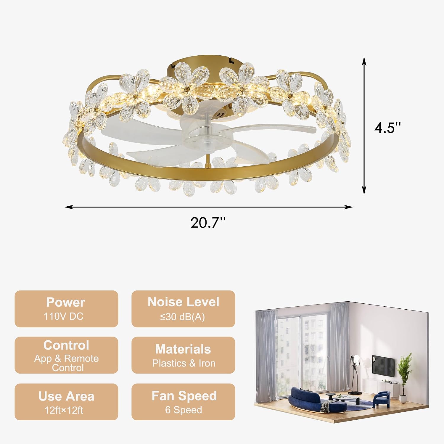 22'' Gold Crystal Ceiling Fan with Lights and Remote Control,Dimmable LED and Reversible Motor,Crystal Flower Fandelier Ceiling Fan with Light for Kids Room/Daughter's Room/Girls Bedroom