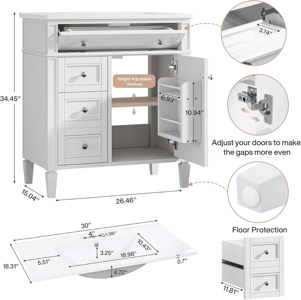 Tribesigns 30-Inch Bathroom Vanity with Sink, Modern Bathroom Sink Cabinet with 3 Drawers & 2 Doors, Bath Storage Vanity Sink with Metal Handles, Solid Wood Frame, Paint Surface White