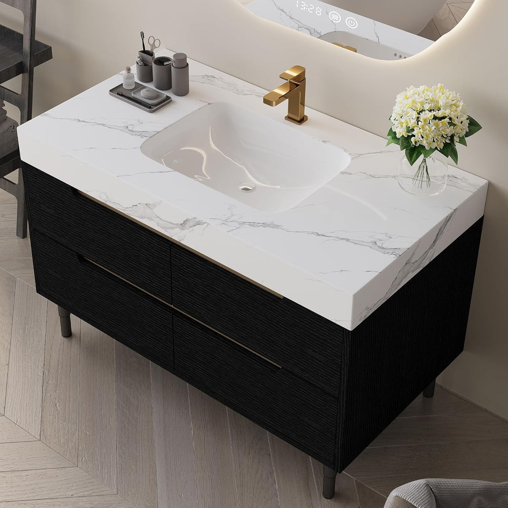 36' Bathroom Vanity with Undermount Sink Set, Modern 2-in-1 Wall Mounted & Freestanding Bathroom Vanity Cabinet with Sintered Stone top&4 Storage Drawers, Single Bathroom Sink Cabinet