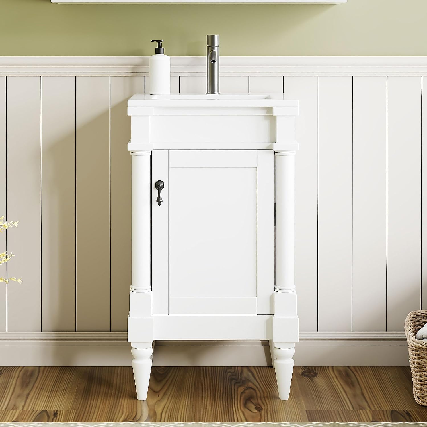 VilroCaz Modern 18'' Bathroom Vanity with Top Sink, Freestanding Bathroom Storage Cabinet with Door and Adjustable Shelf, Single Sink Cabinet with Nordic Style Legs (White-Retro)