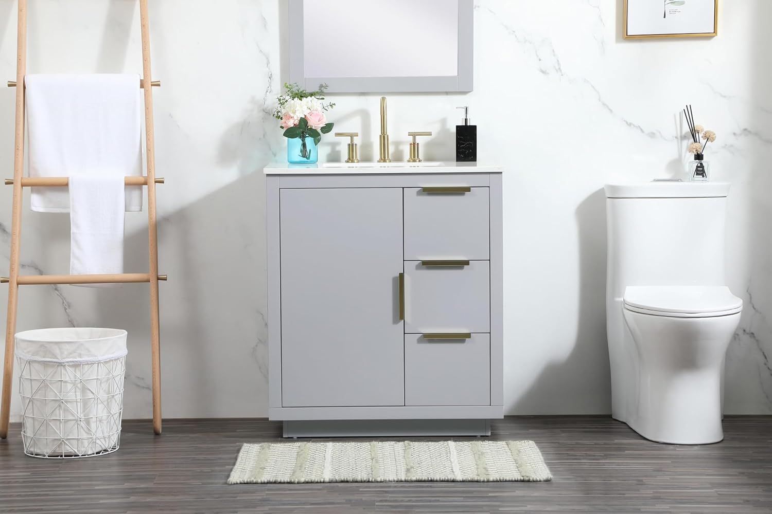 30 Single Bathroom Vanity, with Engineered Marble Top Soft-Close, Grey