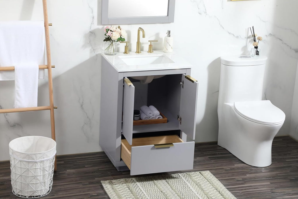 24' Pre-Assembled Bathroom Vanity with Sink, MDF Engineered Wood, Calacatta White Engineered Marble Countertop Attached, Single Rectangle Porcelain Sink, 1 Soft-Close Drawers, Grey