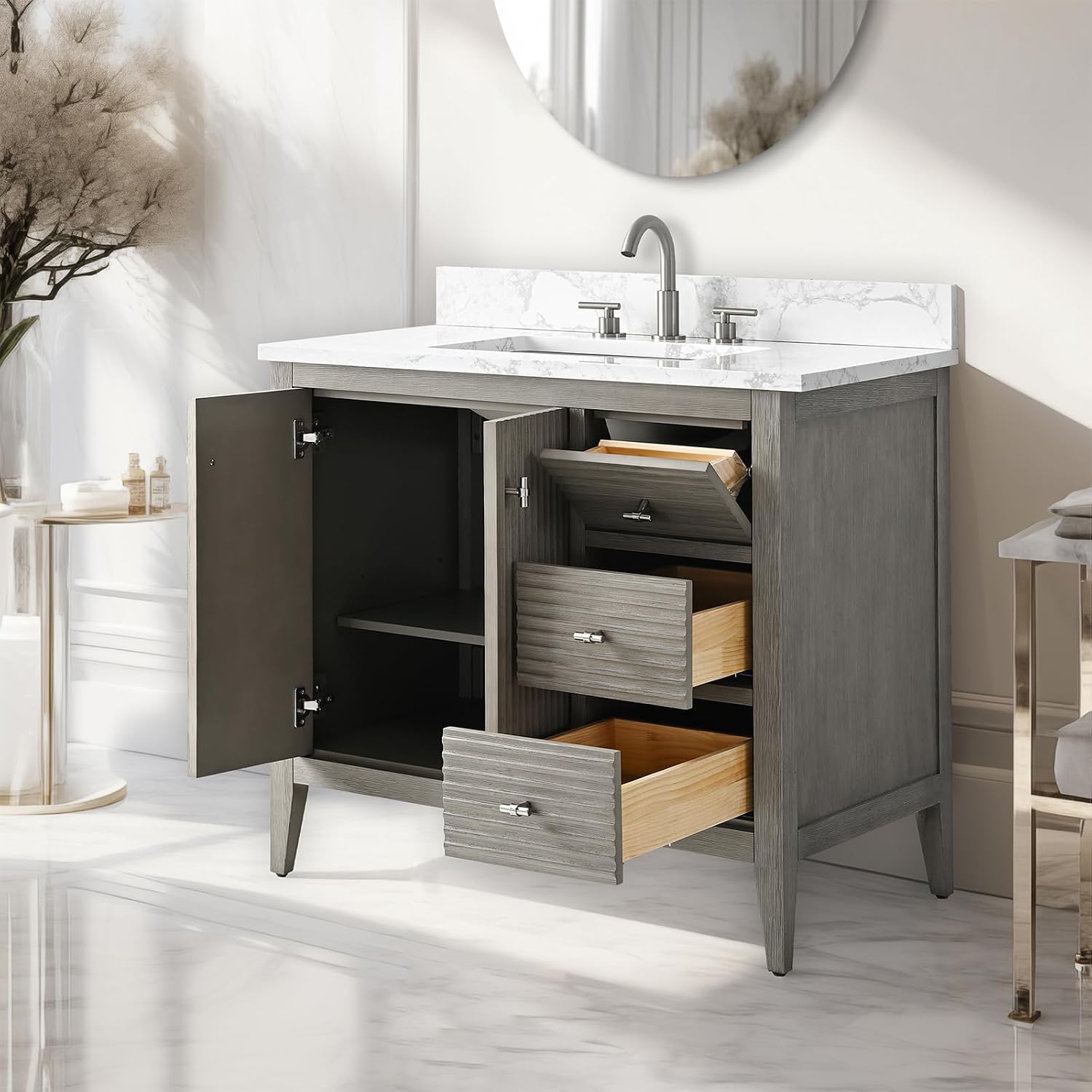 Vanity Art 36 inch Bathroom Vanity with Single Sink & Ceramic Top, Vanity Cabinet with Soft-Closing Door, Solid Wood Frame, Linear Pattern, Driftwood Gray, Golden Brushed Handware VA9136-DG-GB