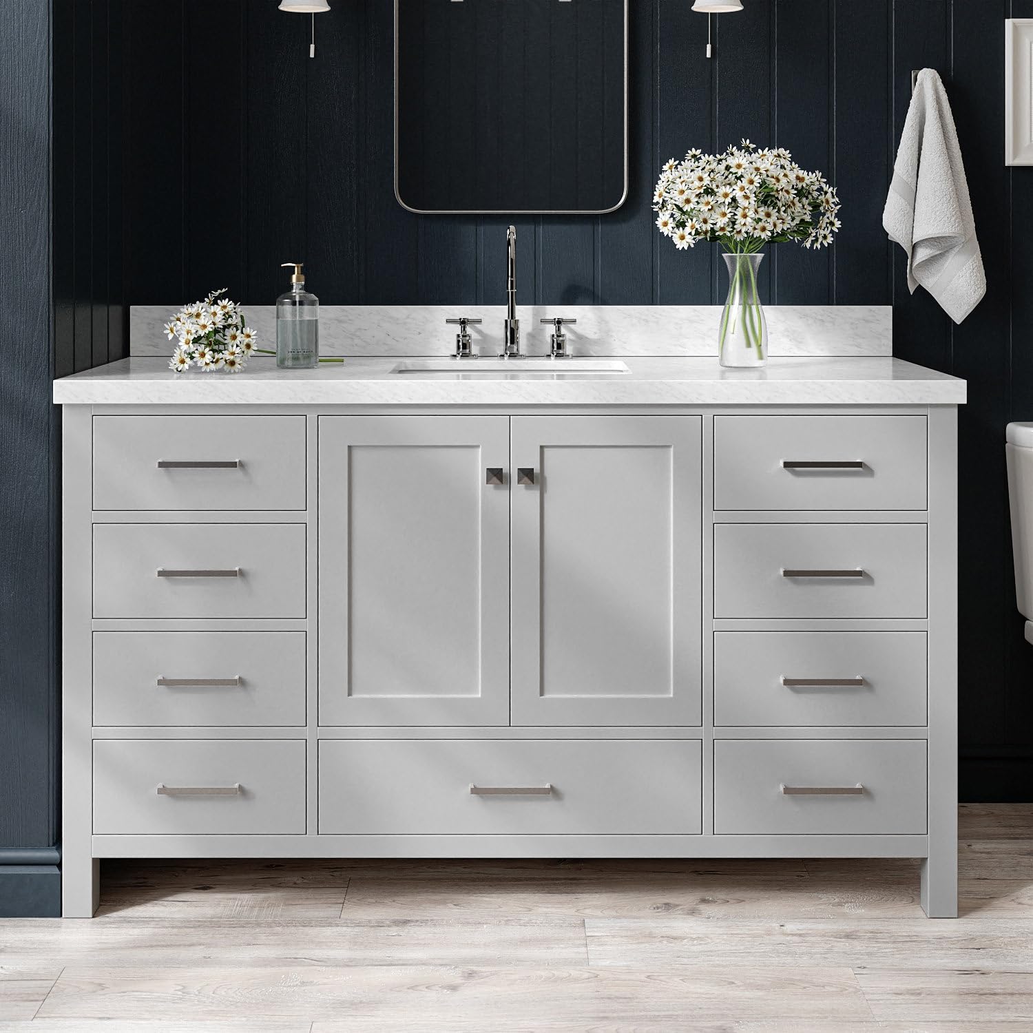 ARIEL Cambridge 60-inch Bathroom Vanity with Sink,Solid Wood, 1.5-inch Italian Carrara Marble Countertop, Single Rectangular Porcelain Sink, 2 Soft Closing Doors, 9 Dovetail Drawers, Grey
