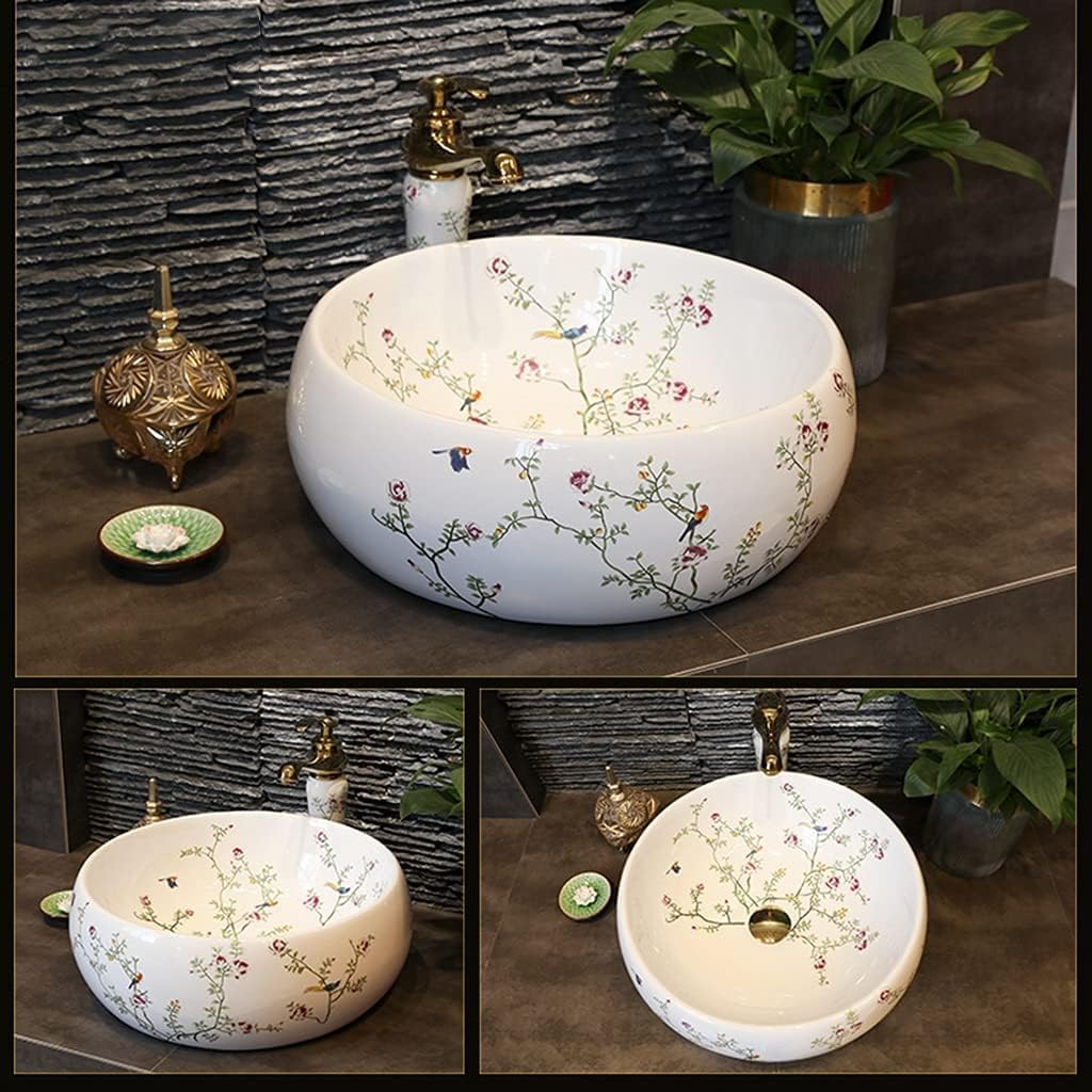 Bathroom Bar Vanity Vessel Sinks Above Counter Vanity Sink Tops Chinese Ceramic Lowes Bathroom Vanities Individual Flower and Bird Art Basin,42 * 15Cm,White,42 * 15cm