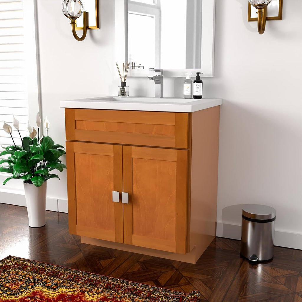 KitchenMan 30 Inch Bathroom Vanity Without Sink and Top Unassembled Bathroom Sink Cabinet not Include Handles, Double Door Bathroom Vanities for Bedroom, Maple Shaker