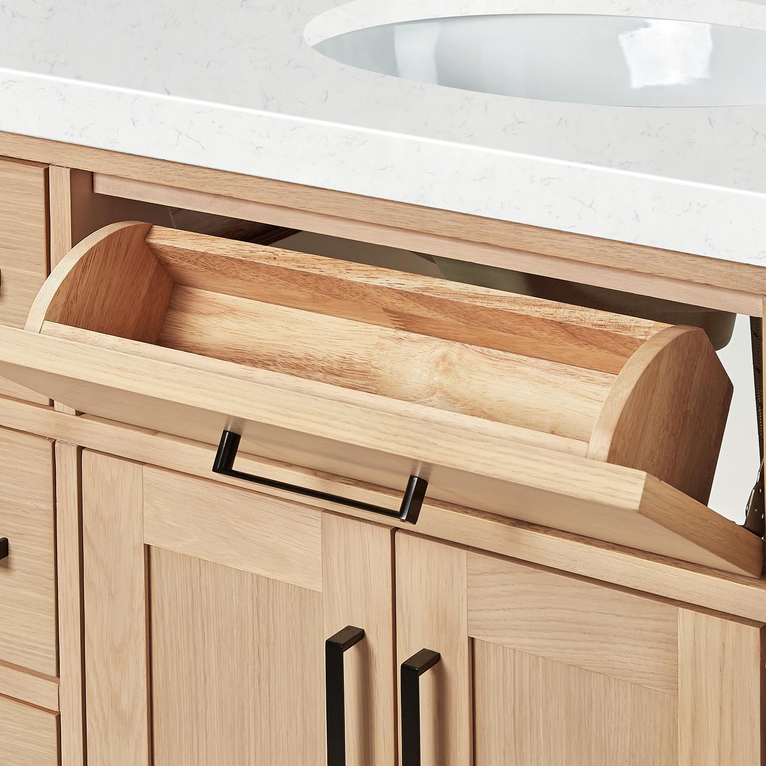 DKB Isabella 42-Inch Oak Single Bathroom Vanity with Sink, 1.5-Inch Carrara White Quartz Countertop & Backsplash, Matte Black Hardware, 2 Soft Closing Doors, 9 Drawers