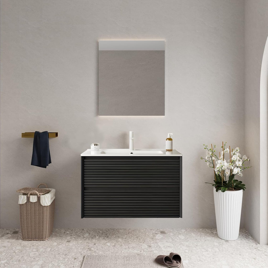 Eleshine 30 inch Floating Bathroom Vanity with Sink, Woodgrain Bathroom Cabinet with 2 Storage Drawer， Pre-Assembled and Integrated Ceramic Basin for Wall Mount Vanities - Dark Oak
