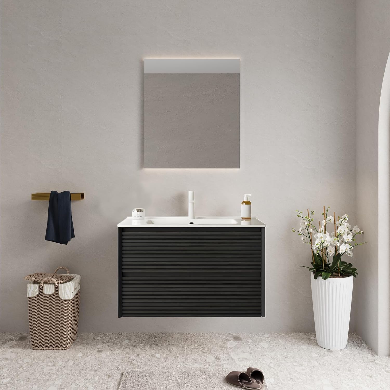 Eleshine 30 inch Floating Bathroom Vanity with Sink, Woodgrain Bathroom Cabinet with 2 Storage Drawer， Pre-Assembled and Integrated Ceramic Basin for Wall Mount Vanities - Dark Oak