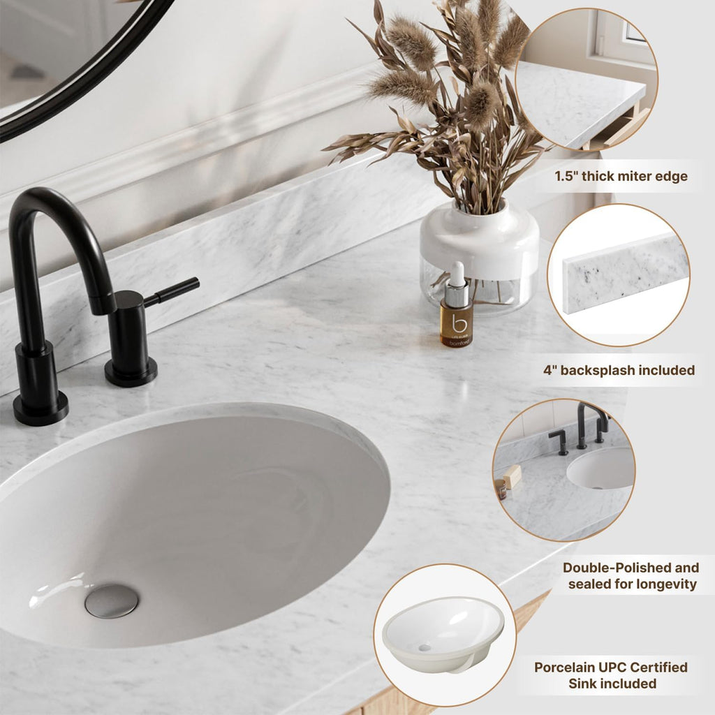 DKB Beckford 66-Inch Grey Double Bathroom Vanity, 1.5-Inch Italian Carrara Marble Countertop & Backsplash, 2 Oval Sinks, 4 Soft Closing Shaker Doors, 6 Dovetail Drawers, Brushed Nickel