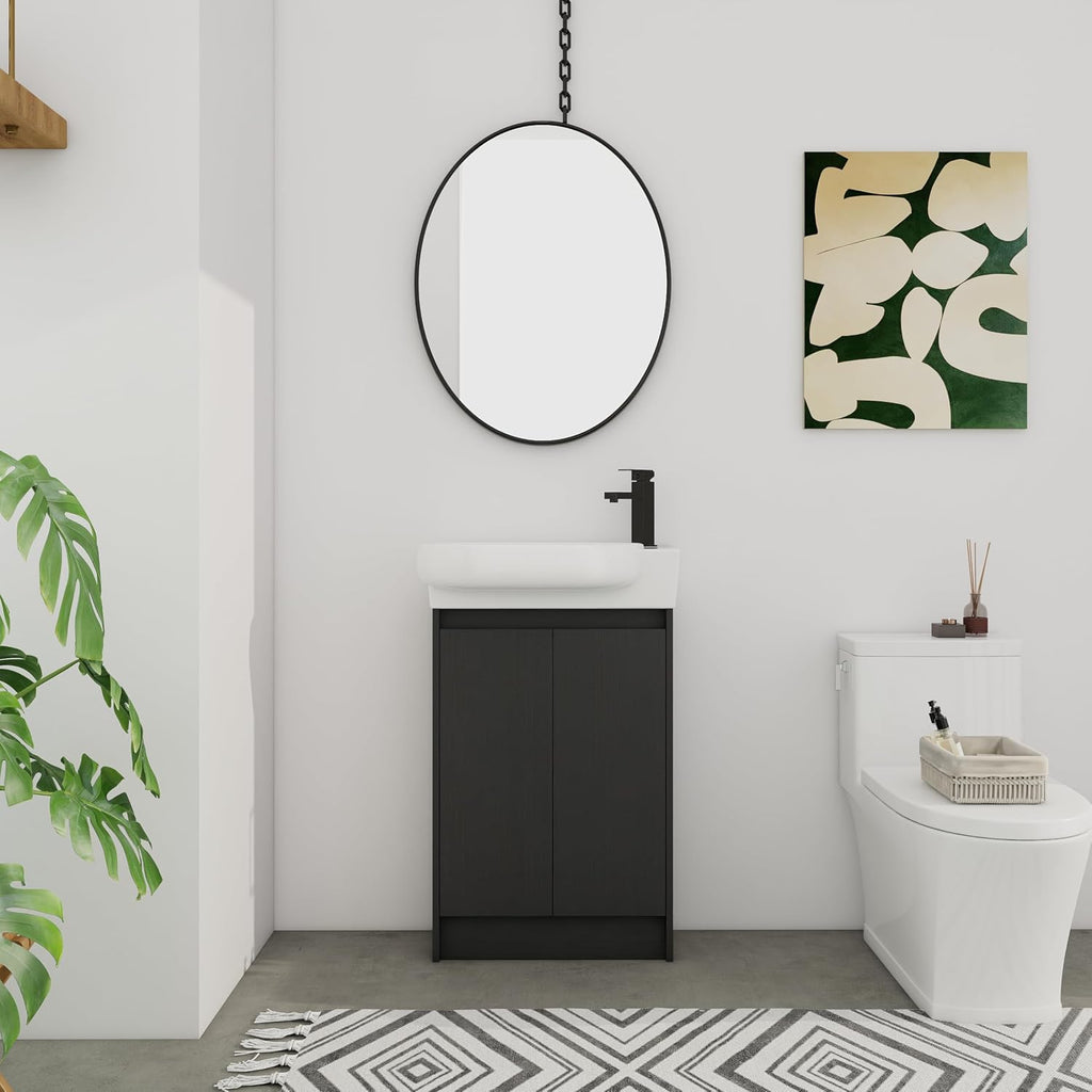 23' Small Bathroom Vanity with Sink, Freestanding Cabinet with Round Ceramic Basin, Soft Closing Doors, Adjustable Shelves, Modern Single Sink Vanity for Small Space, Black
