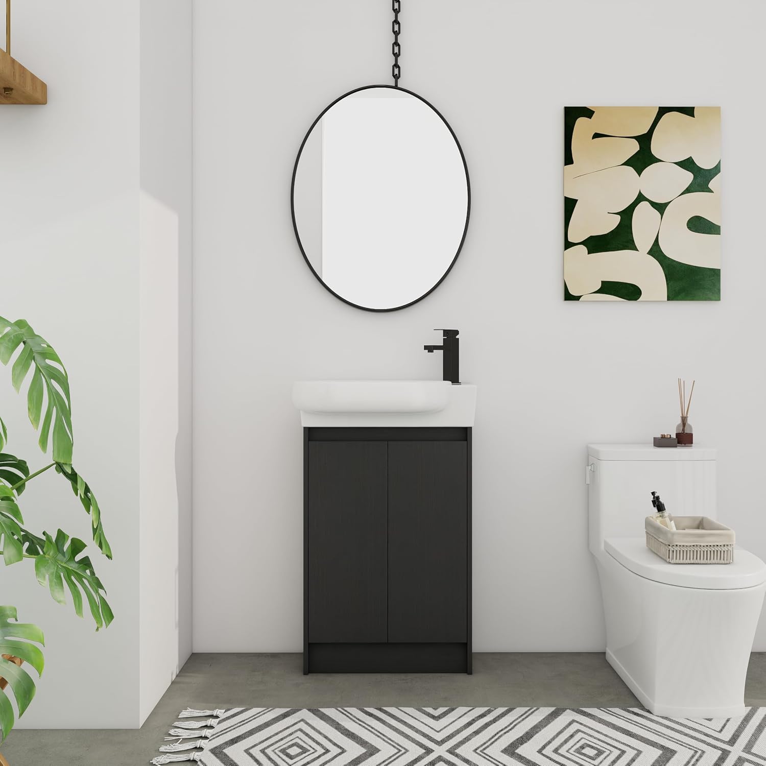 23' Small Bathroom Vanity with Sink, Freestanding Cabinet with Round Ceramic Basin, Soft Closing Doors, Adjustable Shelves, Modern Single Sink Vanity for Small Space, Black
