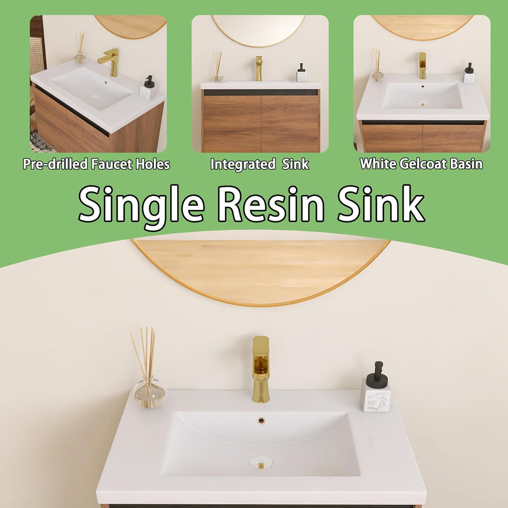 30 inch Bathroom Vanity with Sink, Wall-Mounted Floating Vanity with 2 Soft-Close Doors, Easy Assembly, Engineered Wood in Elegant Brown, Modern Style for Bathroom
