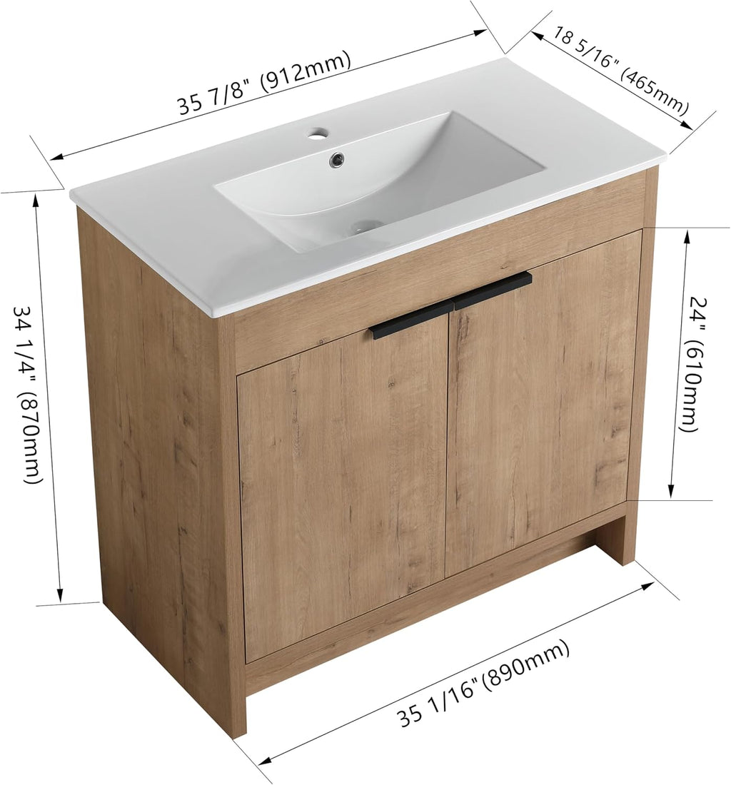 Malwee 36 Inch Freestanding Bathroom Vanity with Sink, 36'' Floor Standing Bathroom Vanity, Modern Vanity with 2 Doors and White Ceramic Basin Sink Top (024-36)