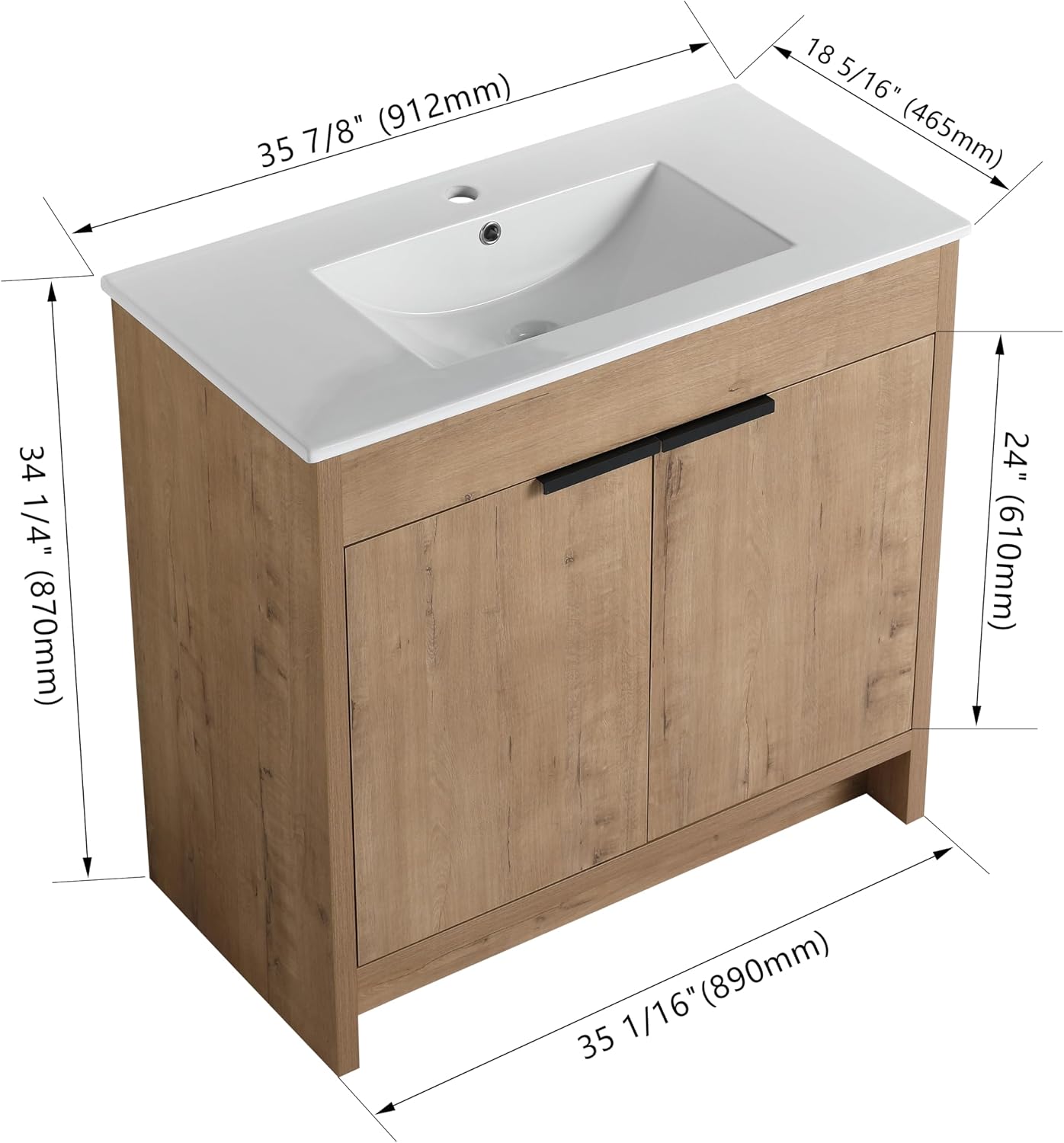 Malwee 36 Inch Freestanding Bathroom Vanity with Sink, 36'' Floor Standing Bathroom Vanity, Modern Vanity with 2 Doors and White Ceramic Basin Sink Top (024-36)