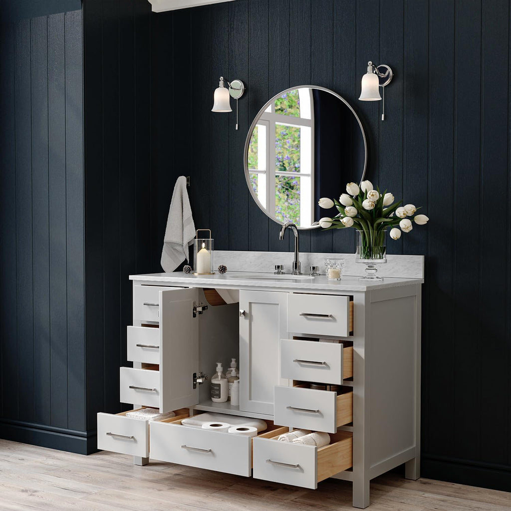 ARIEL Cambridge 48-inch Bathroom Vanity with Sink,Solid Wood, 0.75-inch Italian Carrara Marble Countertop & Backsplash, Single Oval Porcelain Sink, 2 Soft Closing Doors, 9 Dovetail Drawers, Grey