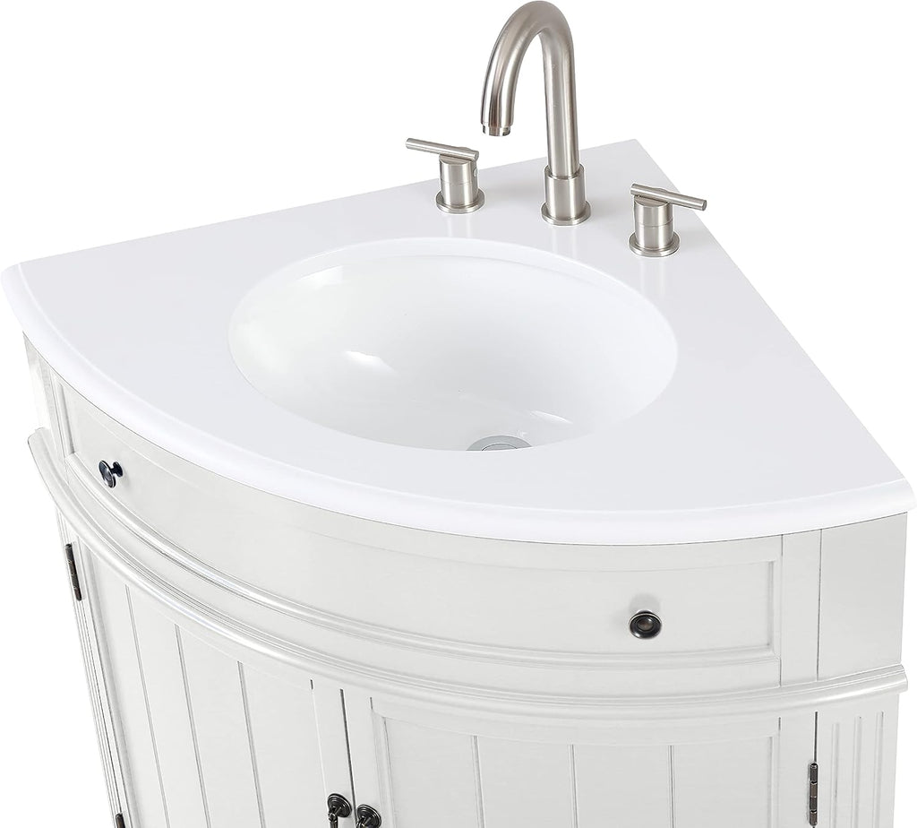 Tennant Brand 24 inch Triadsville Small Corner Bathroom Vanity with Sink and White Quartz top (White)
