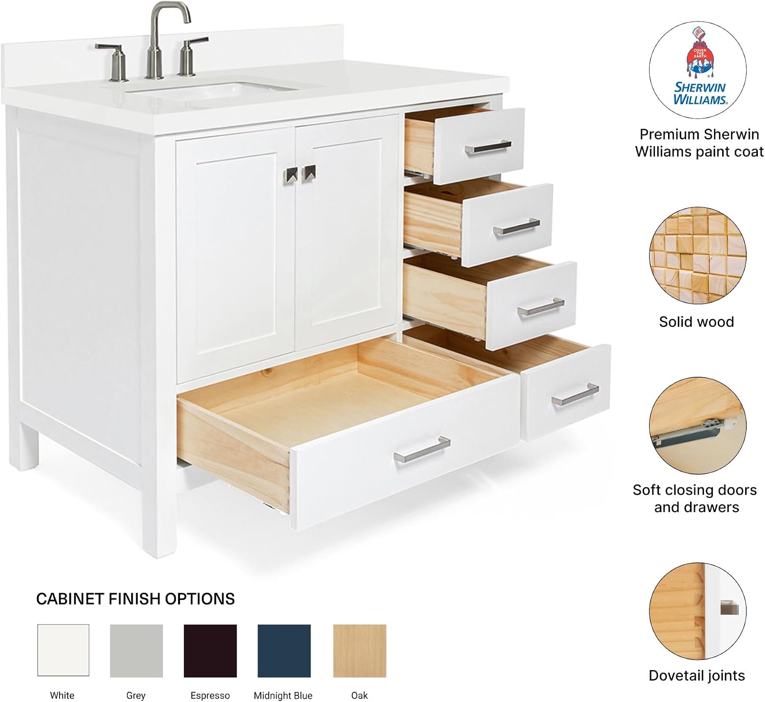 DKB Beckford 42-Inch White Bathroom Vanity with 1.5-Inch Edge Pure White Quartz Countertop & Backsplash, Left Offset Rectangular Sink, 2 Soft Close Doors, 5 Dovetail Drawers, Brushed Nickel