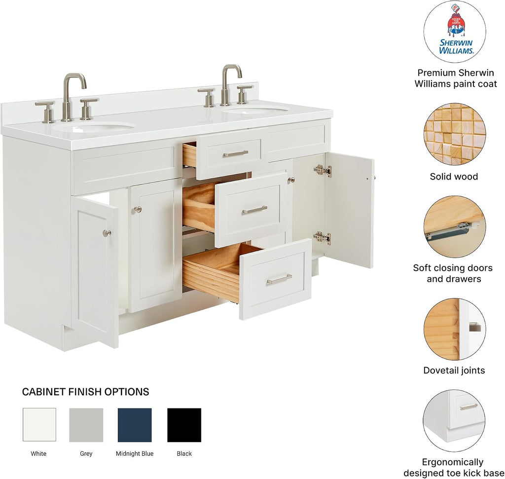 DKB Bradford 66-Inch White Double Bathroom Vanity, 1.5-Inch Pure White Quartz Countertop & Backsplash, Double Oval Undermount Sinks, 2 Soft Closing Doors, 3 Dovetail Drawers, Toe Kick, Brushed Nickel