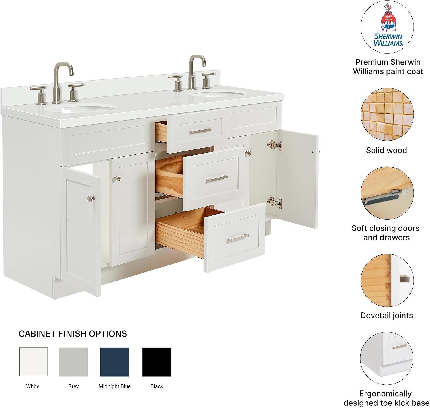 DKB Bradford 66-Inch White Double Bathroom Vanity, 1.5-Inch Pure White Quartz Countertop & Backsplash, Double Oval Undermount Sinks, 2 Soft Closing Doors, 3 Dovetail Drawers, Toe Kick, Brushed Nickel