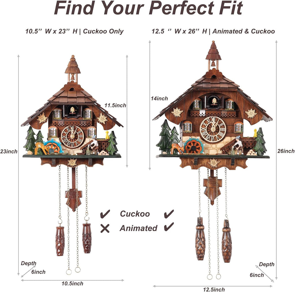 Cuckoo Clock Wall Art, Animated Scene, 12 Melodies, Volume Control, Night Mode, Germany Style Black Forest Retro Handcrafted Wooden Chalet, Traditional Rustic Home Decor, Gift for Family (12.5'x26')