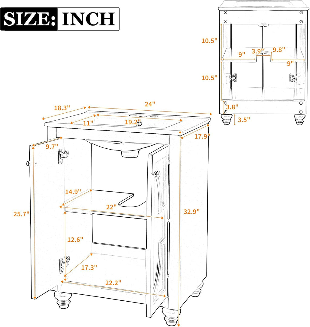 VilroCaz 24' Modern Bathroom Vanity with Ceramic Sink, Ornate Elliptical Motif Design & Soft-Close Hinges, Wood Bathroom Cabinet with Ball-Turned Legs, French Elegance (Blue-Ele)