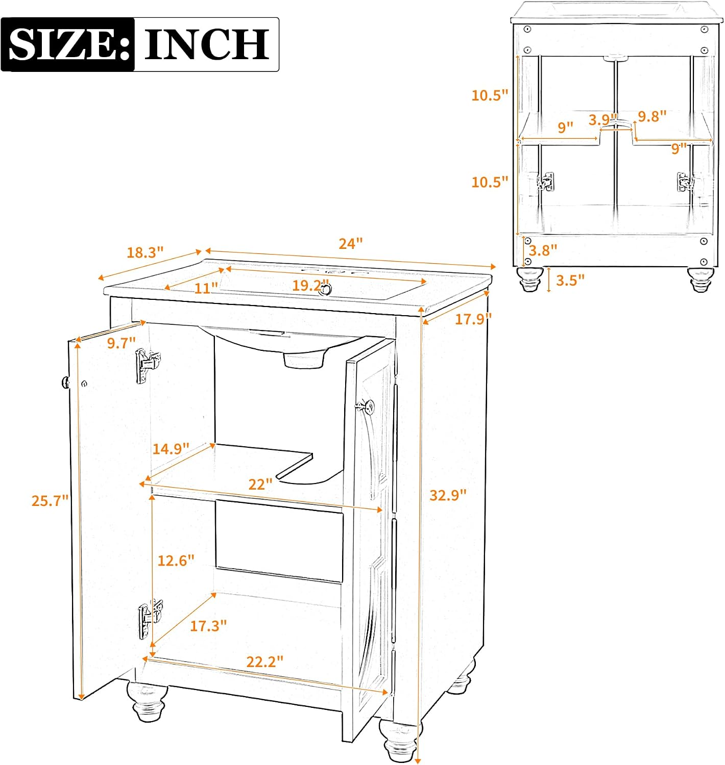 VilroCaz 24' Modern Bathroom Vanity with Ceramic Sink, Ornate Elliptical Motif Design & Soft-Close Hinges, Wood Bathroom Cabinet with Ball-Turned Legs, French Elegance (Blue-Ele)