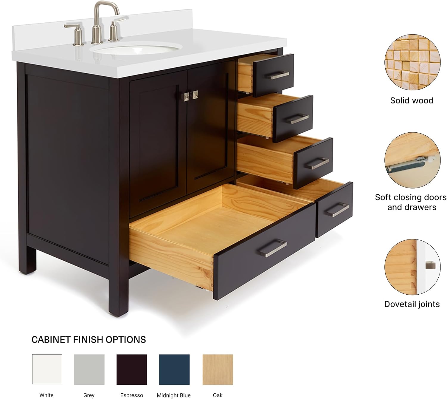 ARIEL Cambridge 42-inch Bathroom Vanity with Sink,Solid Wood, 1.5-inch Pure White Quartz Countertop & Backsplash, Single Oval Porcelain Sink, 2 Soft Closing Doors, 5 Dovetail Drawers, Espresso