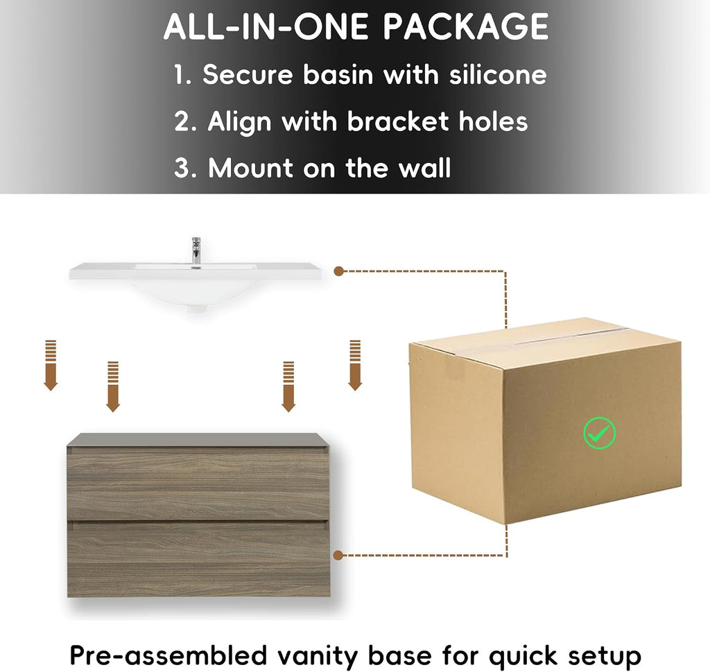 Neftis 36-Inch Floating Vanity with Sink, Pre-Assembled Modern Bathroom Vanity Sink Combo with Storage, Soft-Closing Drawers, One-piece Countertop White Resin Sink, Ash Grey Vanity for Bathroom