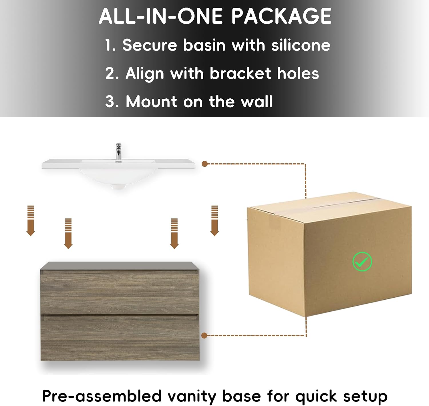 Neftis 36-Inch Floating Vanity with Sink, Pre-Assembled Modern Bathroom Vanity Sink Combo with Storage, Soft-Closing Drawers, One-piece Countertop White Resin Sink, Ash Grey Vanity for Bathroom