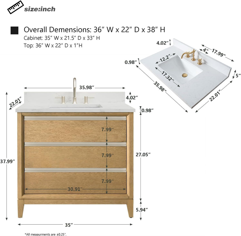 HOMEBEYOND 36 Inch Bathroom Vanity with Sink & Ceramic Top, Vanity Cabinet with Solid Wood Frame, Soft-Closing Doors, Drawers, Natural Oak