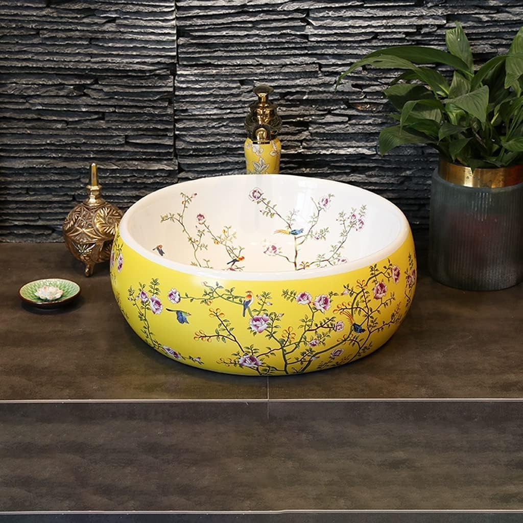Bathroom Bar Vanity Vessel Sinks Above Counter Vanity Sink Tops Chinese Ceramic Lowes Bathroom Vanities Individual Flower and Bird Art Basin,42 * 15Cm,Yellowset,42 * 15cm