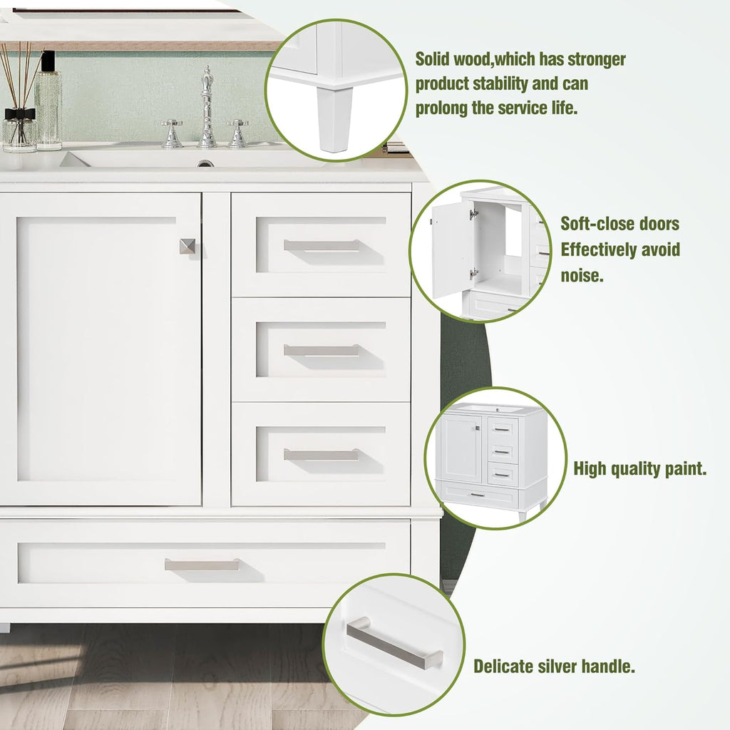 Mirightone 30' Bathroom Vanity with Sink, Bathroom Vanity with Sink 30 Inch, 30 in Vanity with Top for Bathroom, 30 Vanity and Sink Combo with 3 Drawers and 1 Soft Closing Door (White)
