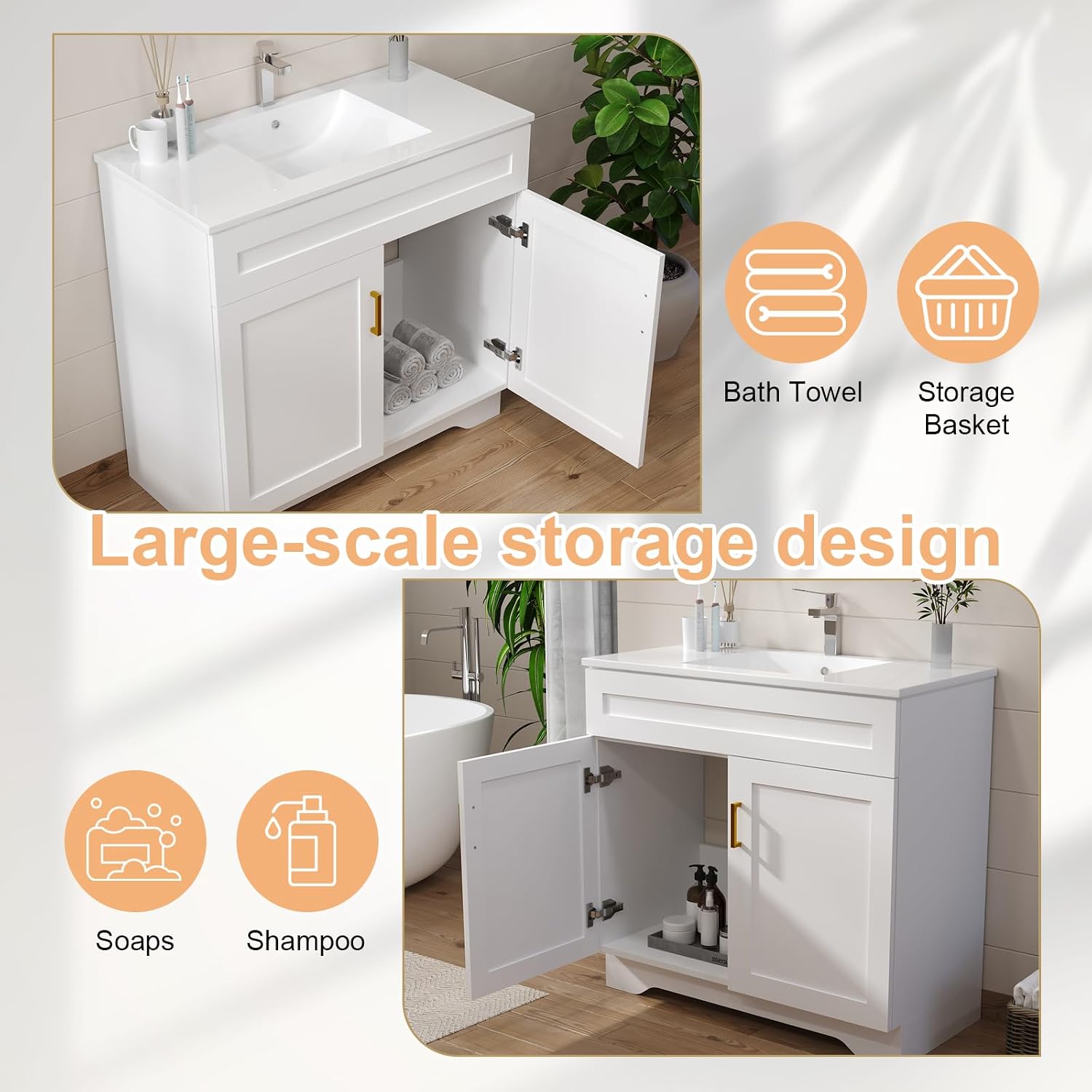36 Inch Bathroom Vanity with Ceramic Sink - Modern Farmhouse Style Sink Cabinet, Easy Tool-Free Installation, for Bathroom Remodel and Upgrade (White)